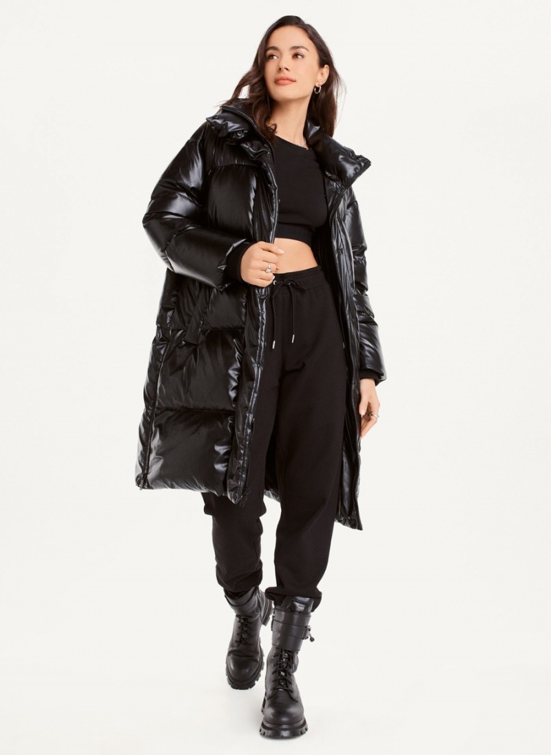 Black Dkny Faux Leather Long Women's Puffer Jacket | H4192943