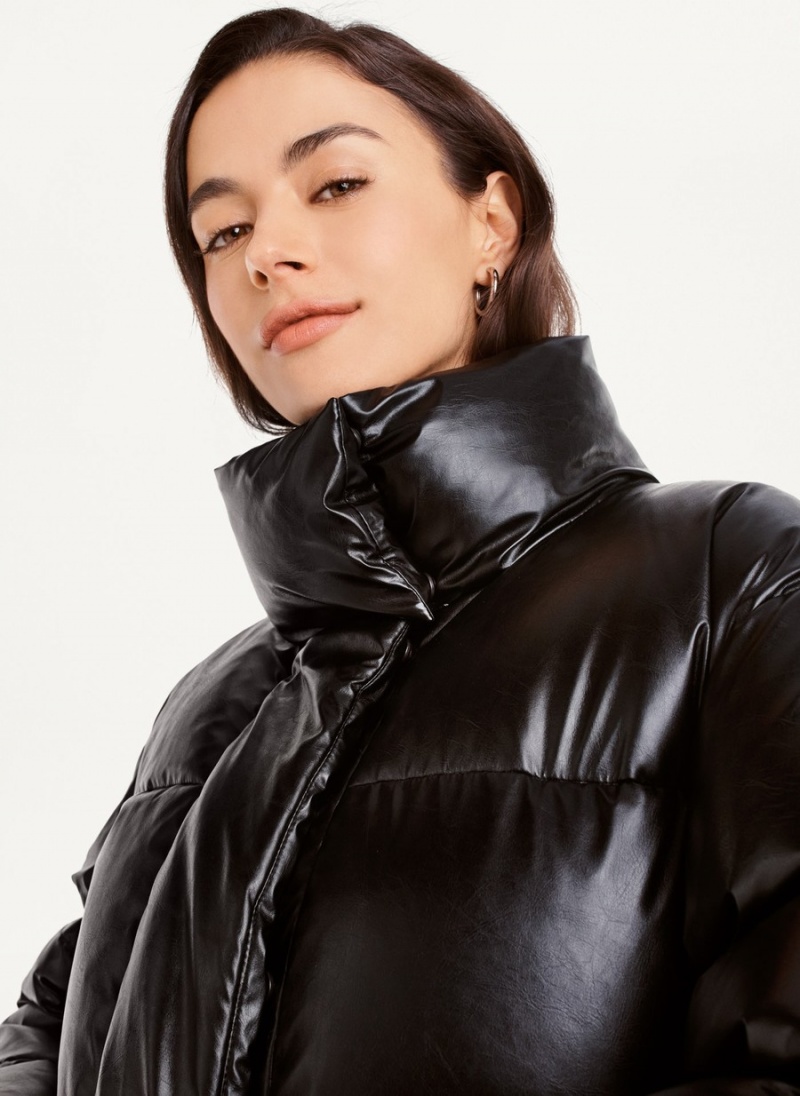 Black Dkny Faux Leather Long Women's Puffer Jacket | H4192943