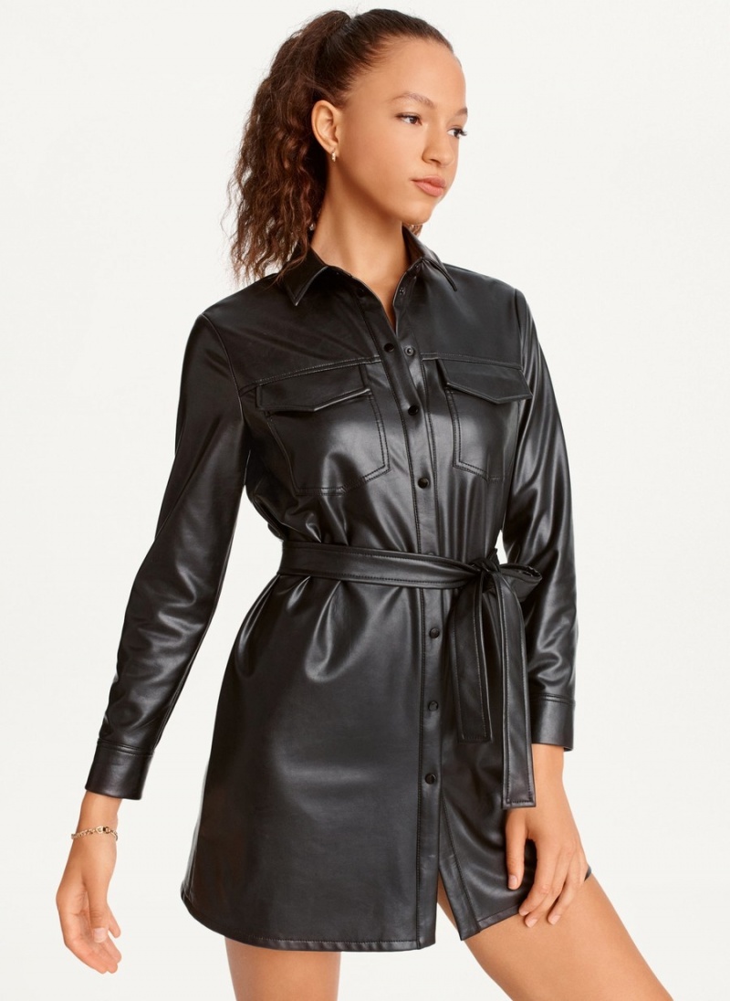 Black Dkny Faux Leather Women's Dress | H5557306