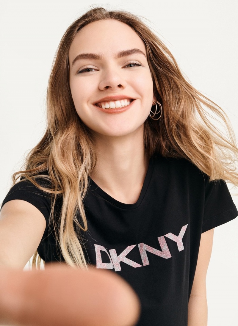 Black Dkny Glitter Logo Women's T Shirts | T4457446