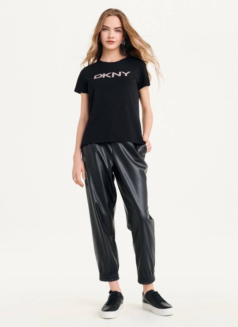 Black Dkny Glitter Logo Women\'s T Shirts | T4457446