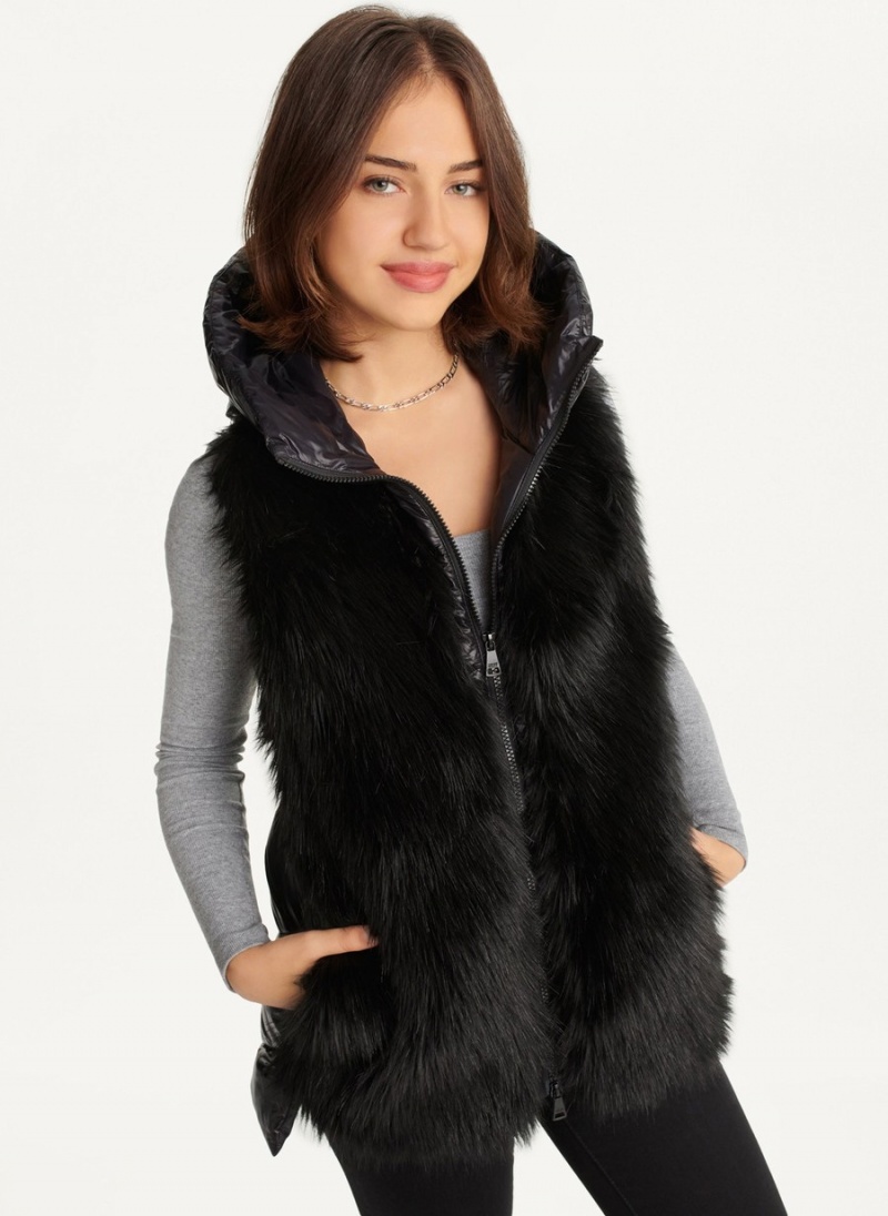 Black Dkny Hooded Puffer With Faux Fur Front Women's Vest | F9766106