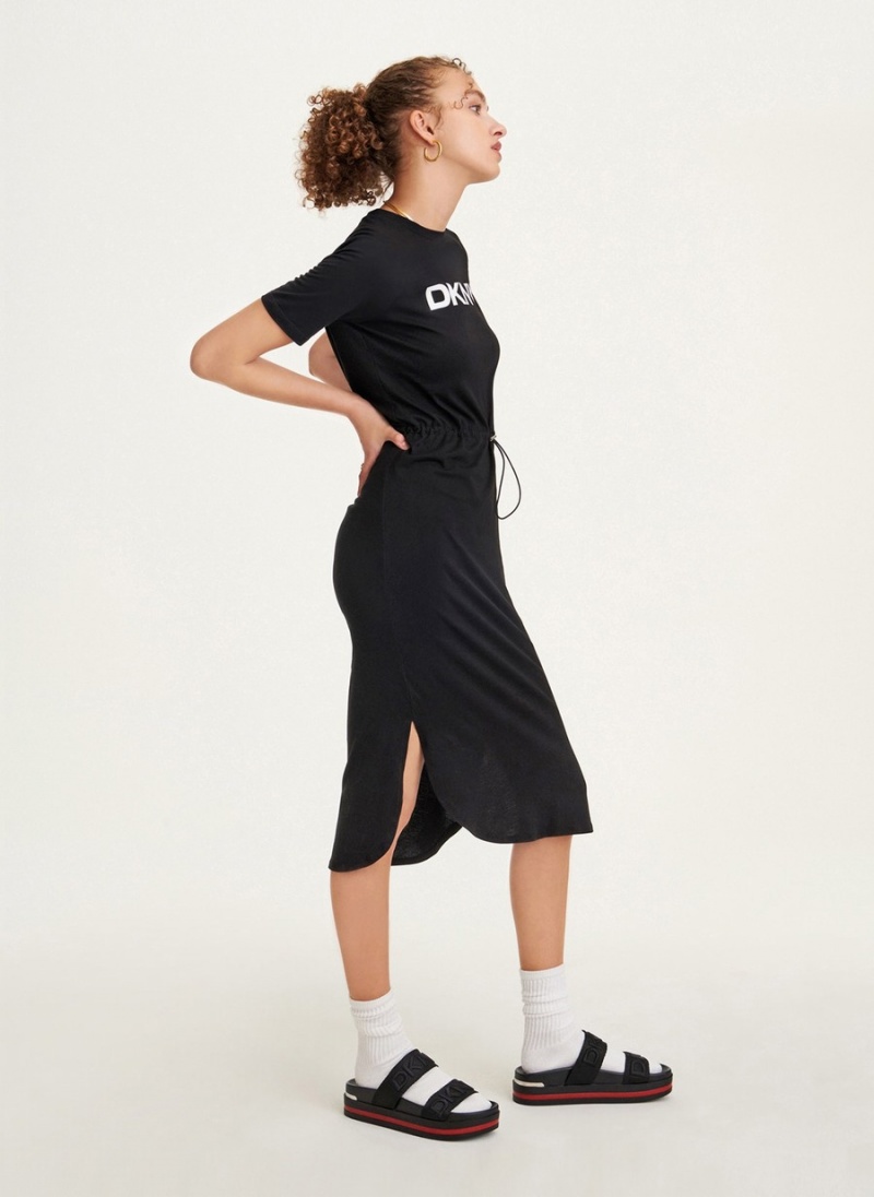 Black Dkny Logo Drawstring Waist Women's Dress | P1960336