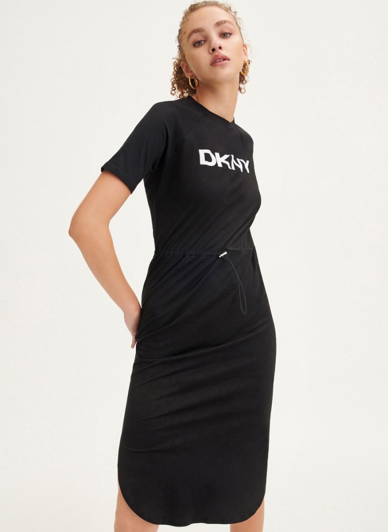 Black Dkny Logo Drawstring Waist Women\'s Dress | P1960336