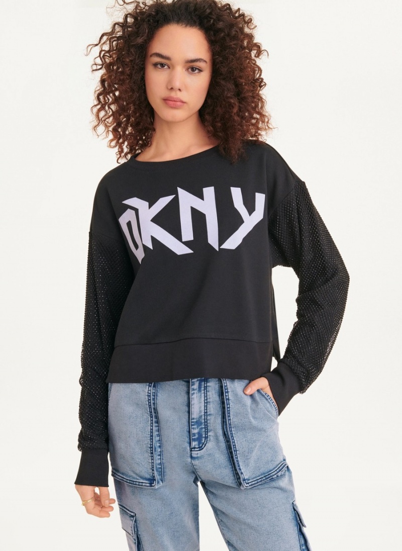 Black Dkny Logo Sweatshirt With Crystal Mesh Overlay Sleeves Women's Long Sleeve | G6305947