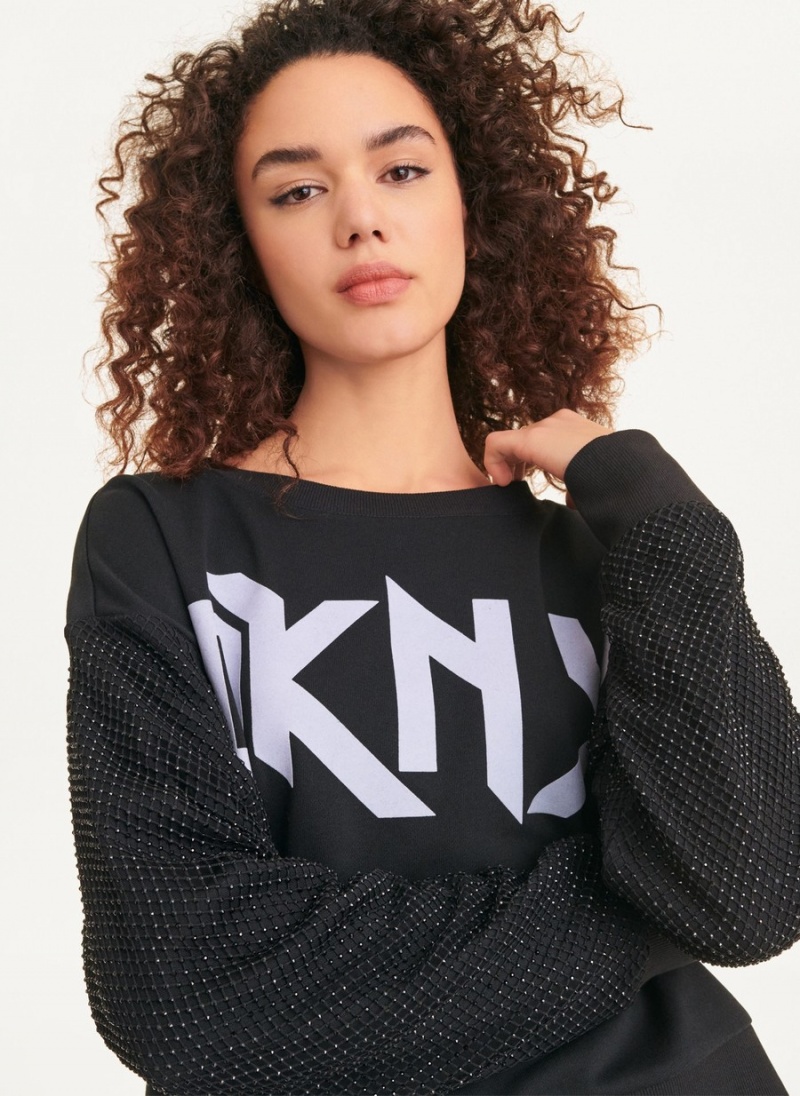 Black Dkny Logo Sweatshirt With Crystal Mesh Overlay Sleeves Women's Long Sleeve | G6305947