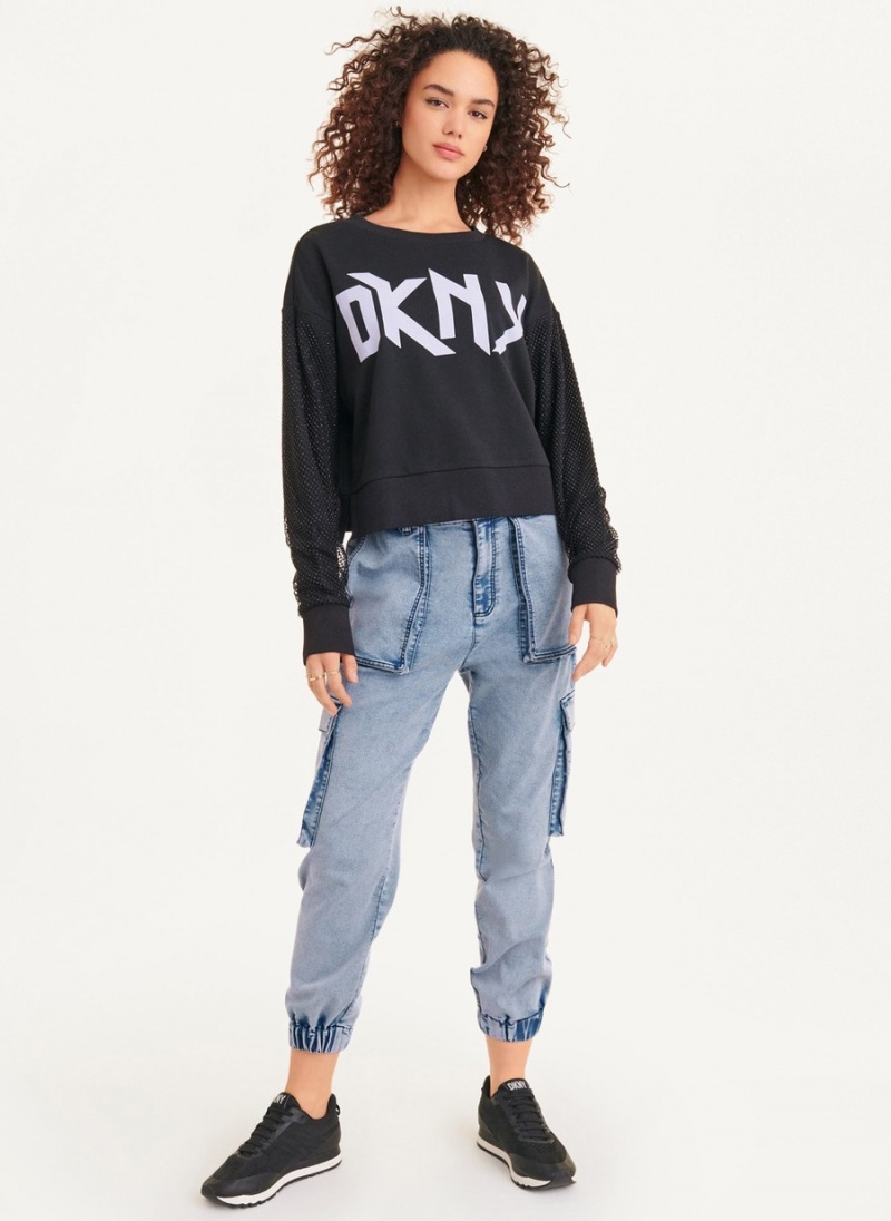 Black Dkny Logo Sweatshirt With Crystal Mesh Overlay Sleeves Women\'s Long Sleeve | G6305947