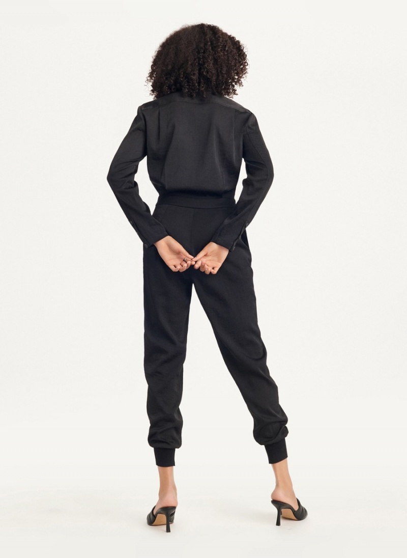 Black Dkny Long Sleeve Button Front With Lapel Women's Jumpsuit | E7496402