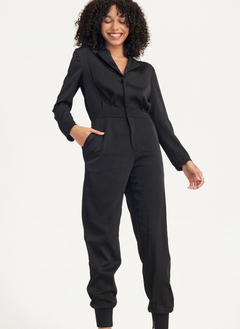 Black Dkny Long Sleeve Button Front With Lapel Women\'s Jumpsuit | E7496402