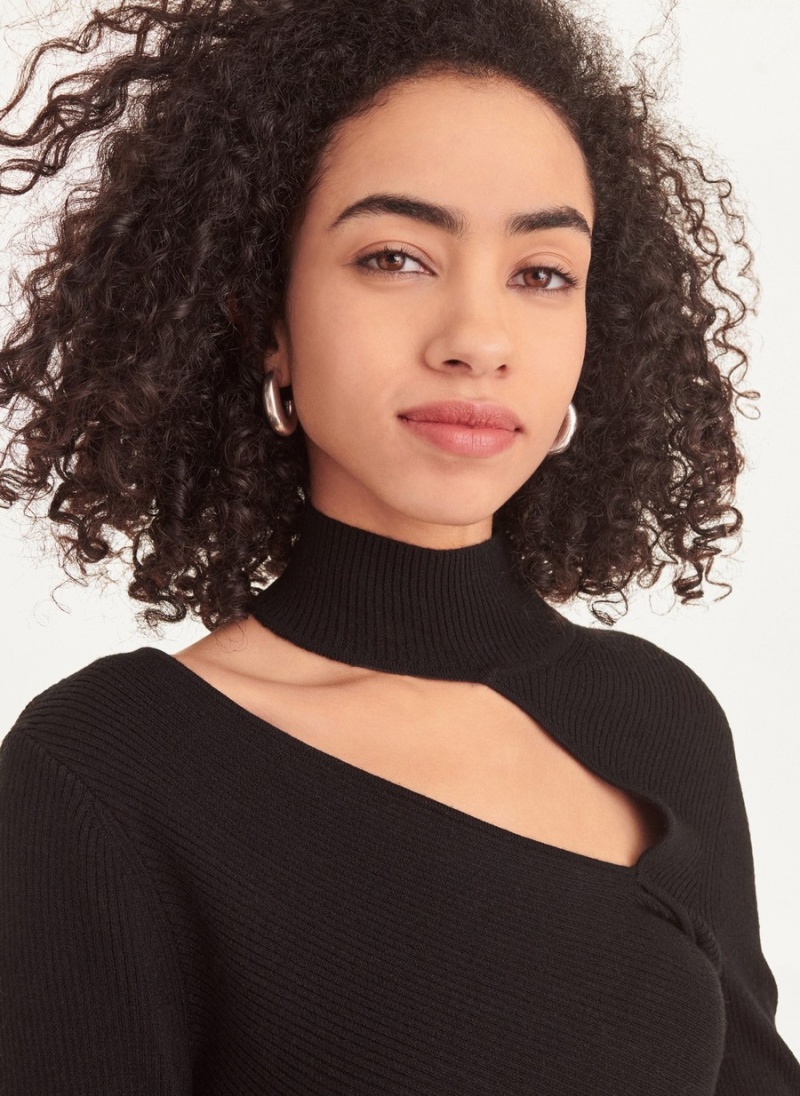 Black Dkny Long Sleeve Cutout Mock Neck Women's Sweaters | G7248877