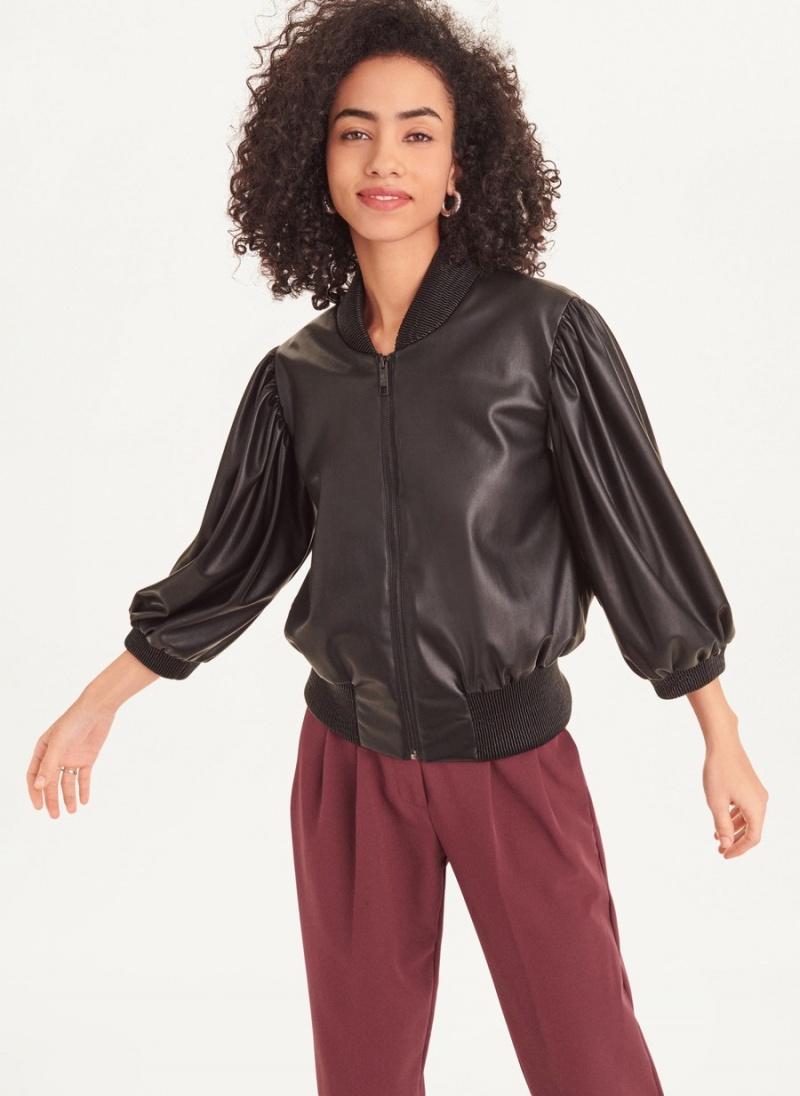 Black Dkny Long Sleeve Faux Leather Puff Sleeve Crop Women\'s Bomber Jackets | X3220580