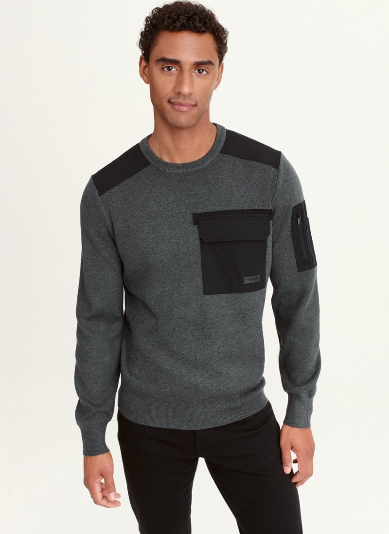 Black Dkny Long Sleeve Military Pocket Men\'s Sweaters | O7992048