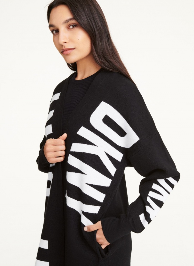 Black Dkny Long Sleeve Open Front Oversize Logo Women's Cardigan | E5238665