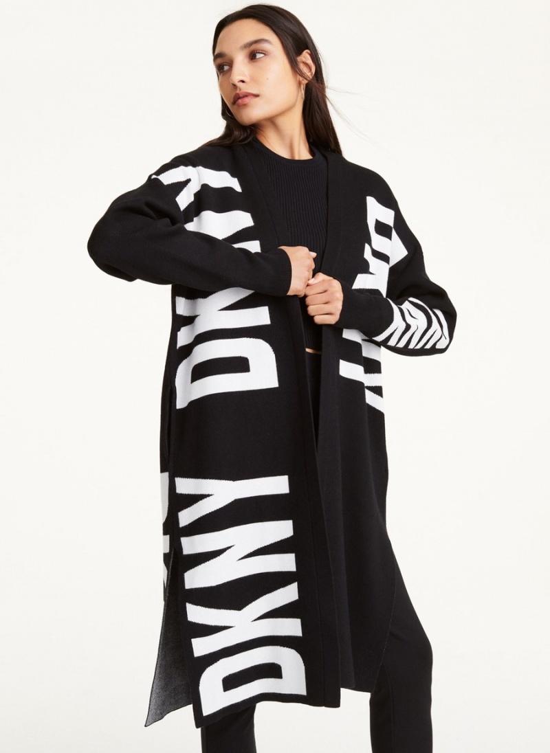 Black Dkny Long Sleeve Open Front Oversize Logo Women\'s Cardigan | E5238665