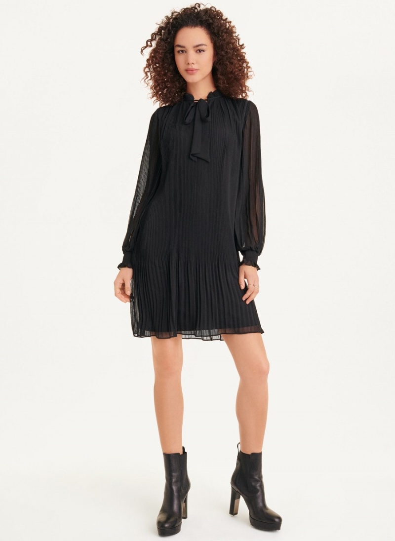 Black Dkny Long Sleeve Pleated A-Line Women's Dress | S4106500