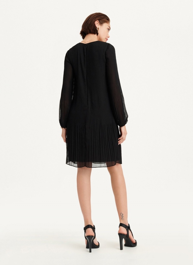 Black Dkny Long Sleeve Pleated A Line Women's Dress | M5206921