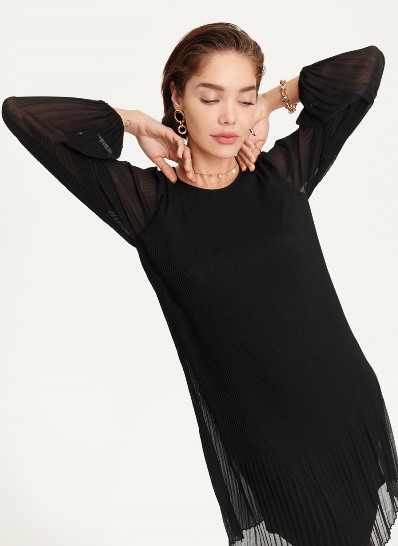 Black Dkny Long Sleeve Pleated A Line Women's Dress | M5206921