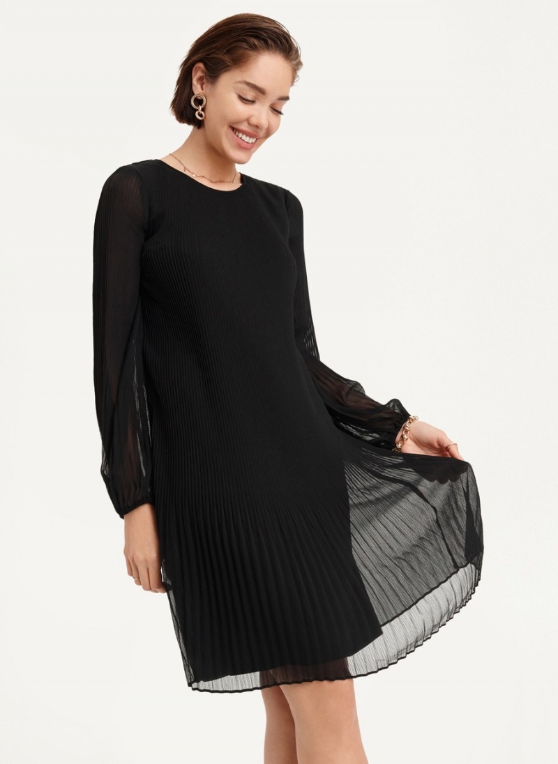 Black Dkny Long Sleeve Pleated A Line Women's Dress | M5206921