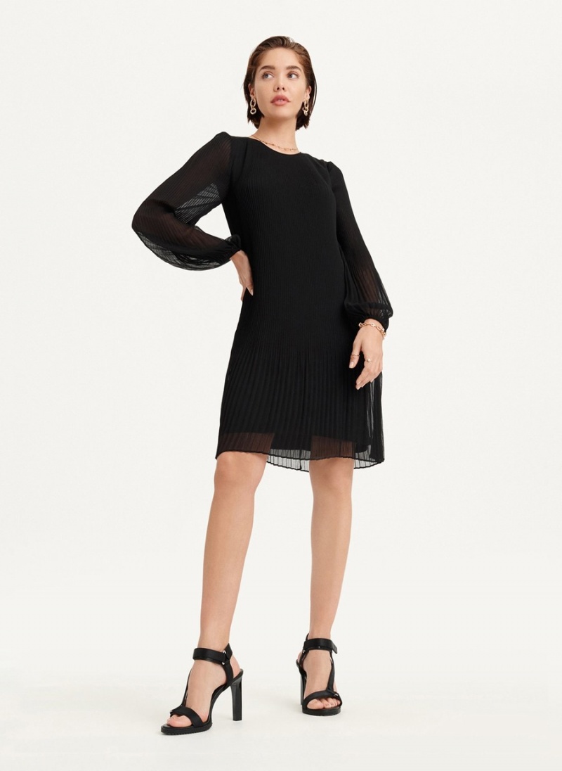 Black Dkny Long Sleeve Pleated A Line Women's Dress | M5206921