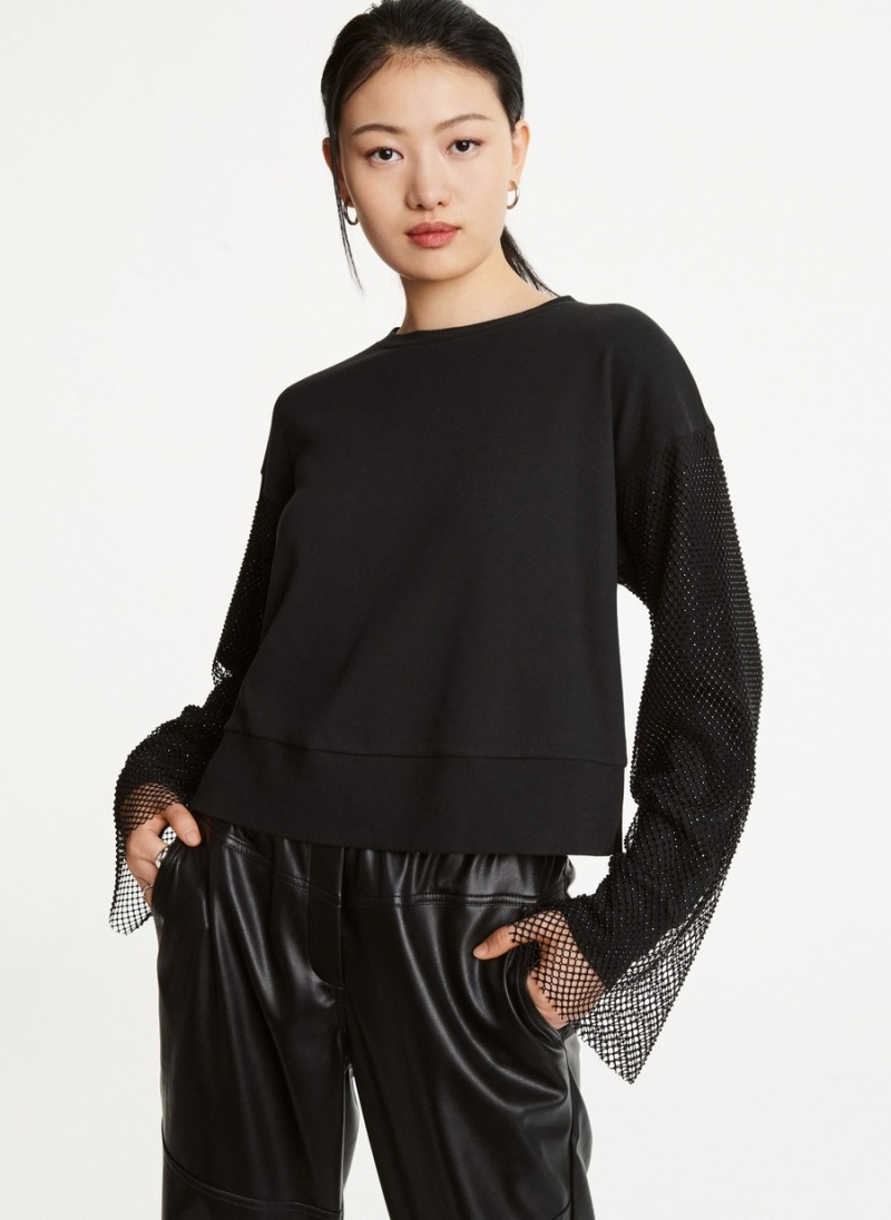 Black Dkny Long Sleeve With Crystal Mesh Overlay Sleeves Women's Sweatshirts | S1775354