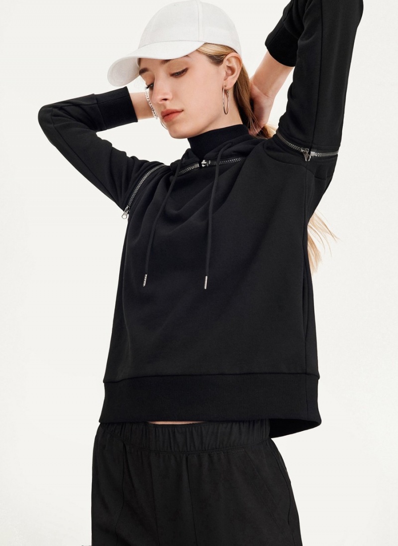 Black Dkny Long Sleeve Zipper Shoulder With Detachable Hood Women's Sweatshirts | P8058743