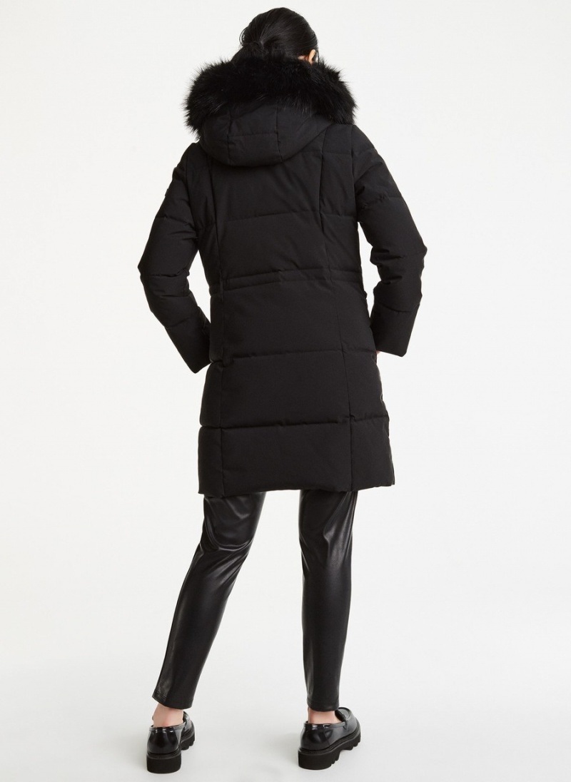 Black Dkny Long With Double Pockets Women's Puffer Jacket | B2115813