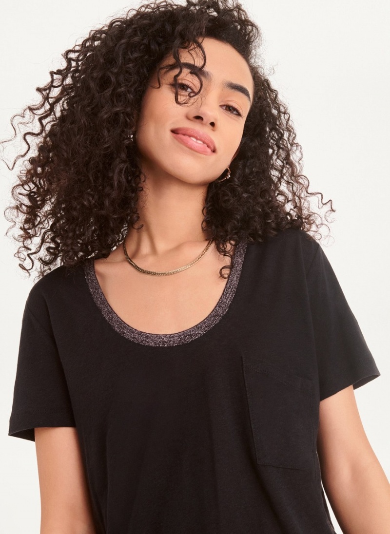 Black Dkny Lurex Trim Women's T Shirts | W6339557