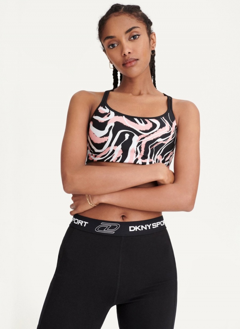 Black Dkny Marble Swirl Print Strappy Women's Sports Bra | P3241043