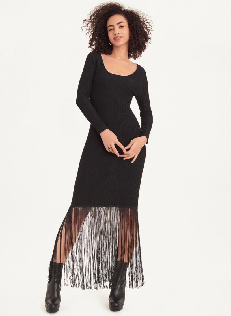 Black Dkny Maxi Fringe Women's Dress | C5721008