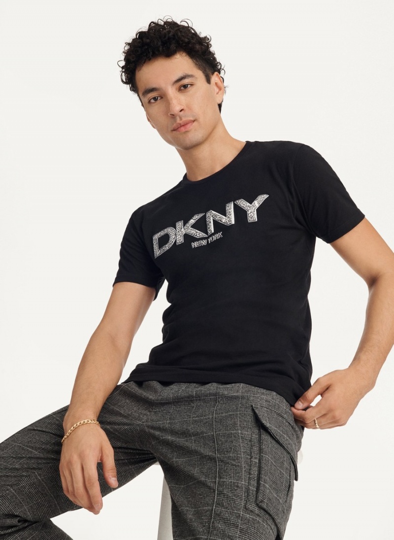 Black Dkny Metallic Puff Logo Men's T Shirts | G7069029