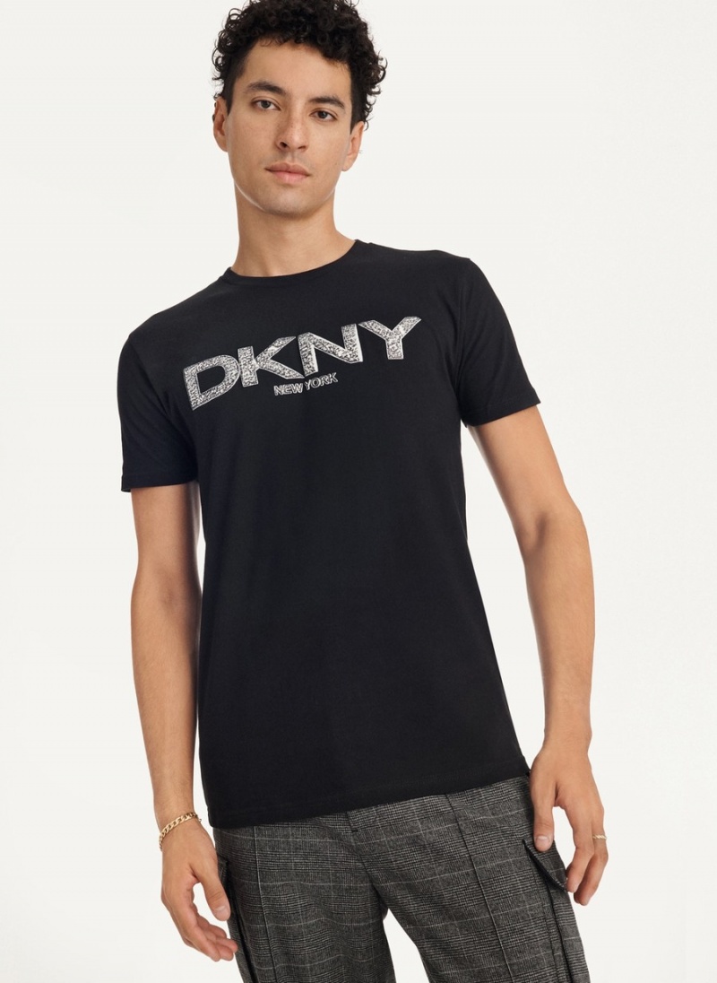 Black Dkny Metallic Puff Logo Men\'s T Shirts | G7069029