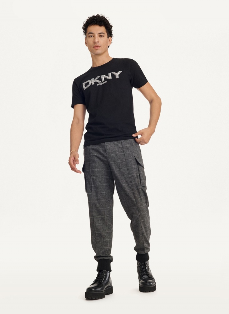 Black Dkny Metallic Puff Logo Men's T Shirts | J3537567