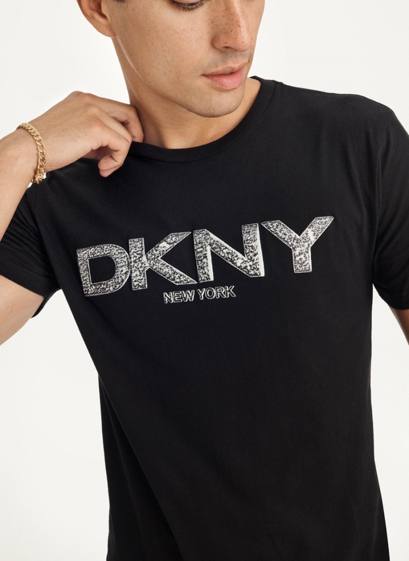 Black Dkny Metallic Puff Logo Men's T Shirts | J3537567