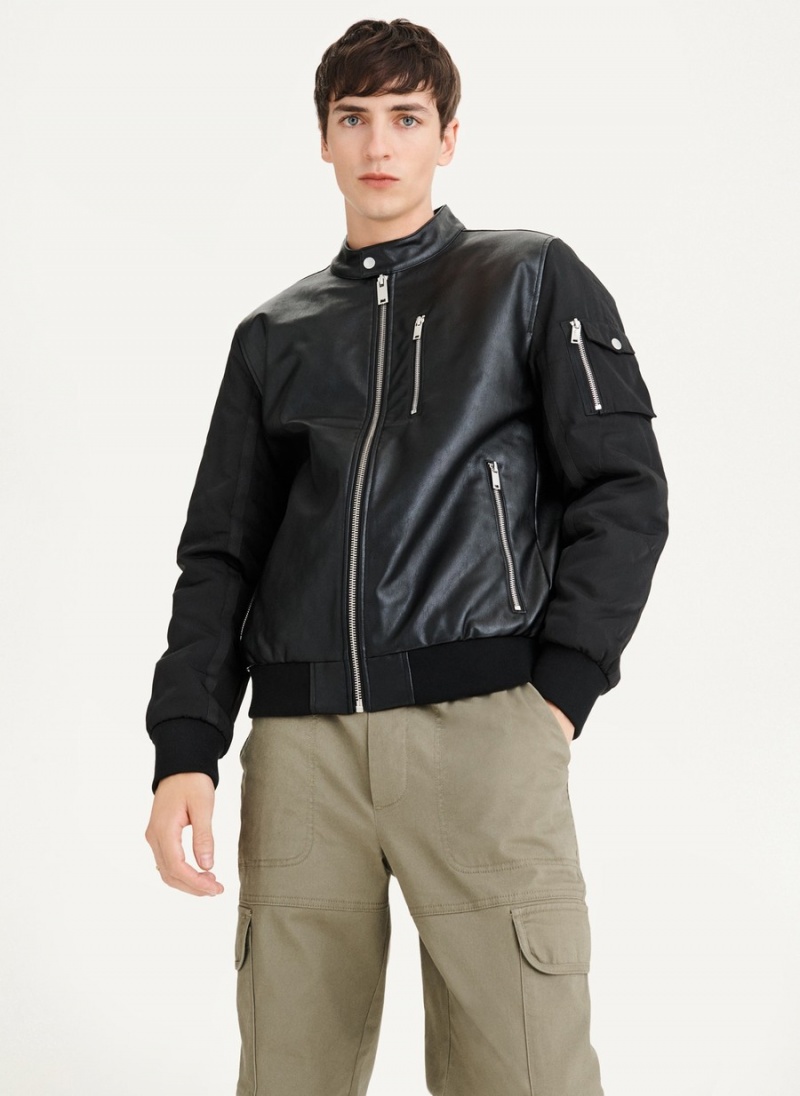 Black Dkny Mixed Media Faux Leather Men's Bomber Jackets | S6040249