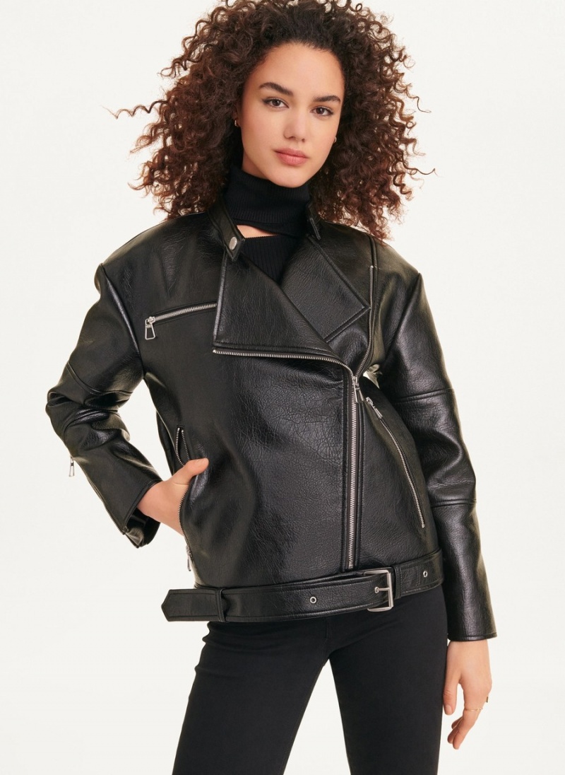 Black Dkny Oversized Faux Textured Leather Moto Women\'s Leather Jackets | T6800033