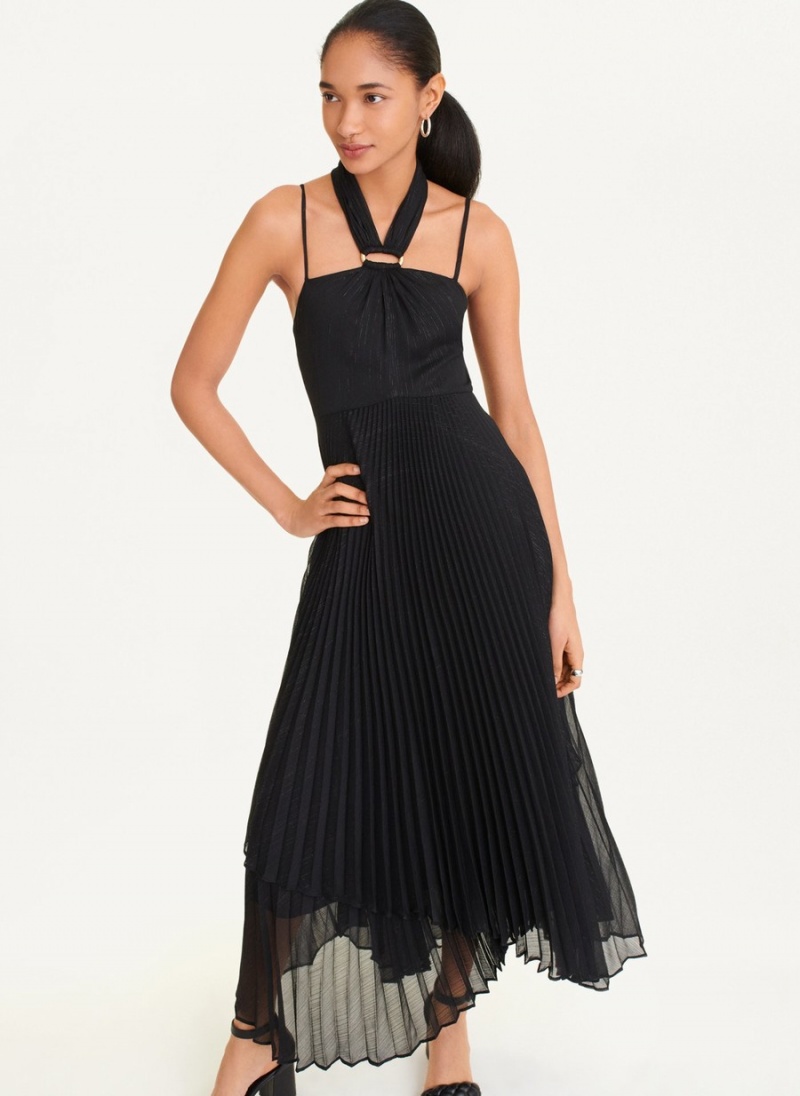 Black Dkny Pleated Halter With Lurex Women's Dress | M0084877