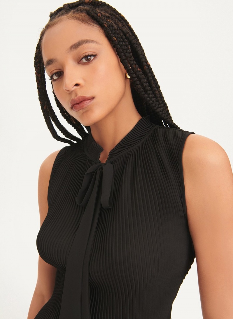 Black Dkny Pleated Tie Neck Women's Blouse | H1686341