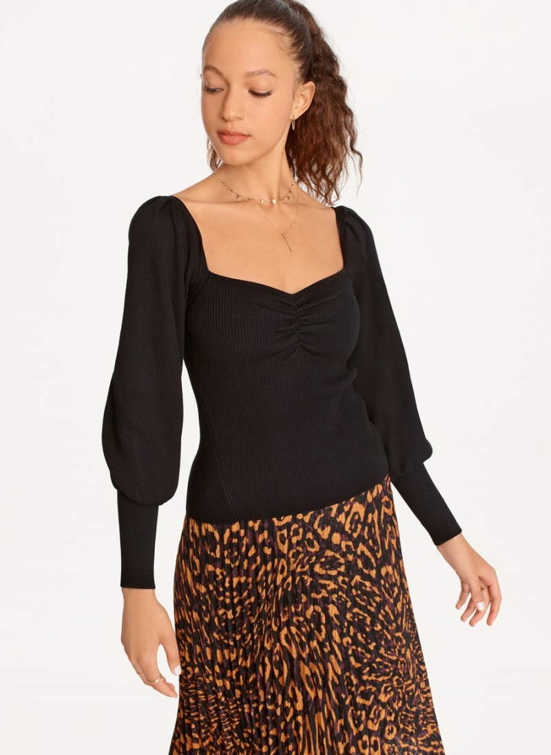 Black Dkny Puff-Sleeve Sweatheart Women's Blouse | S0381716