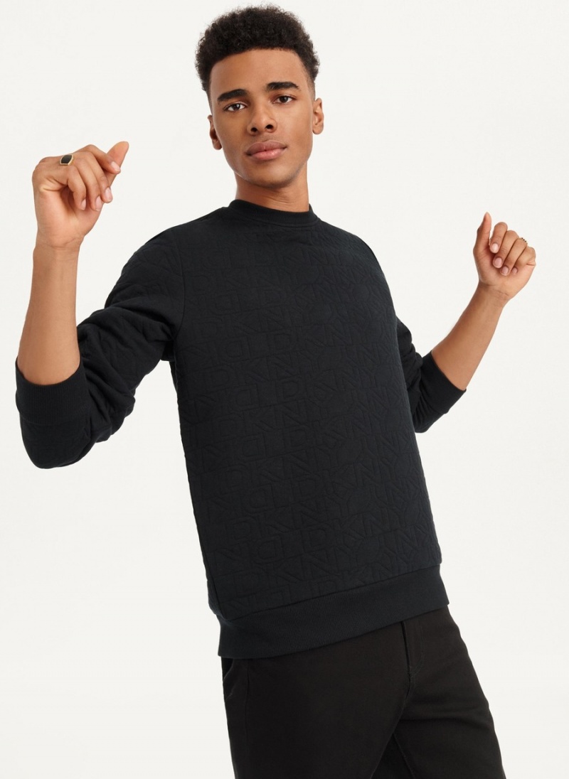 Black Dkny Quilted Knit Allover Logo Men's Sweaters | A5330512