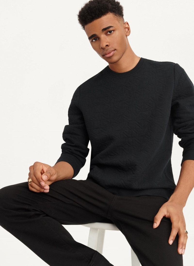 Black Dkny Quilted Knit Allover Logo Men\'s Sweaters | A5330512