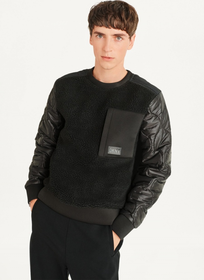 Black Dkny Quilted Sleeve Crew Neck Men\'s Sweatshirts | R1090160