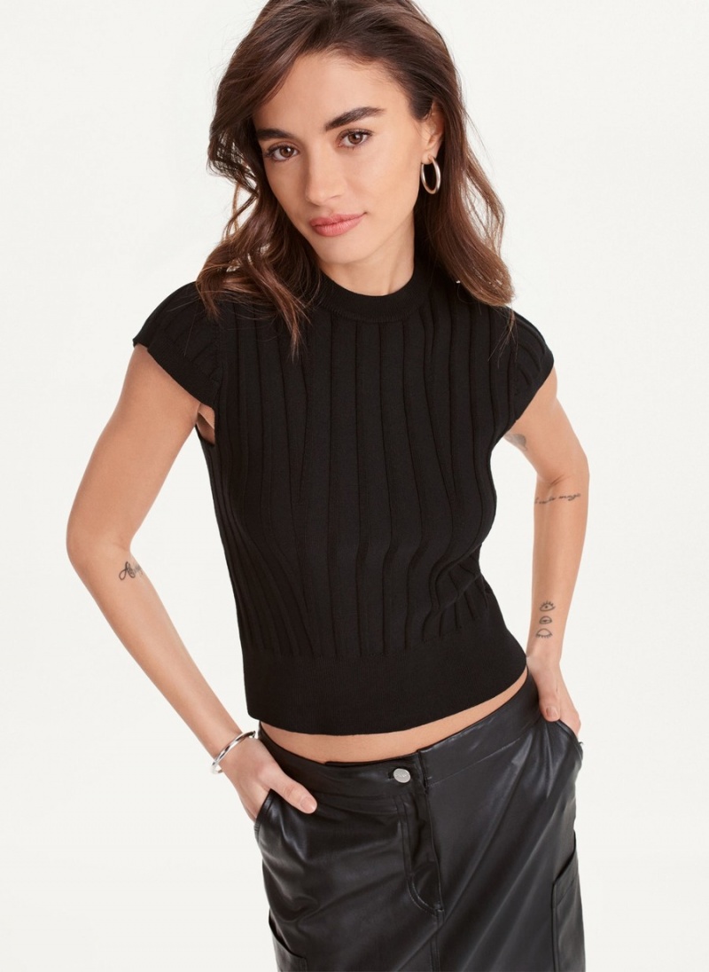 Black Dkny Rib Knit Top Women's T Shirts | H4610318