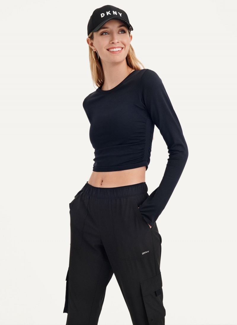 Black Dkny Seamless Pullover With Ruched Side Seams Women's Long Sleeve | W8491631