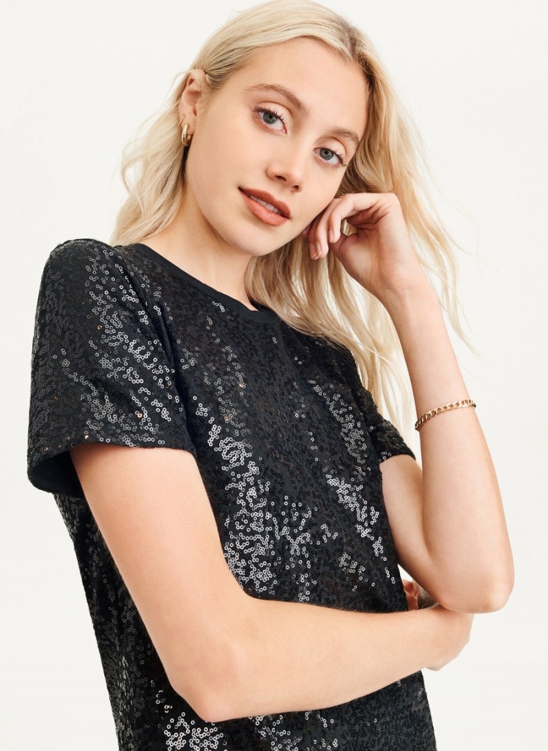 Black Dkny Sequined Women's T Shirts | Y5121078