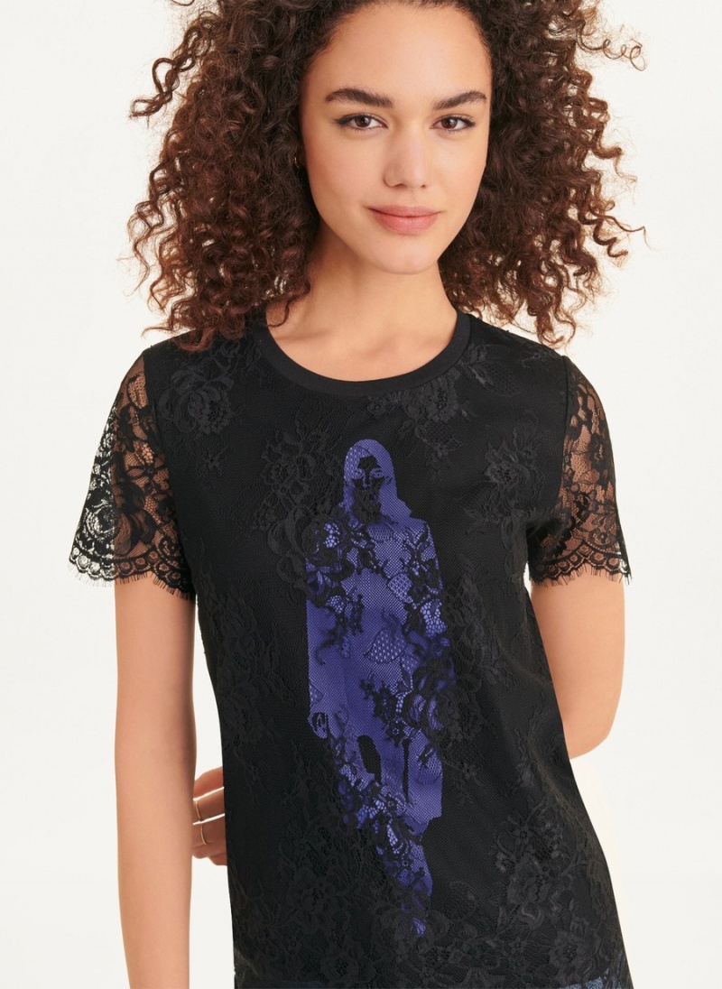 Black Dkny Short Sleeve Lace Overlay With Fashion Girl Graphic Women's T Shirts | M0739378