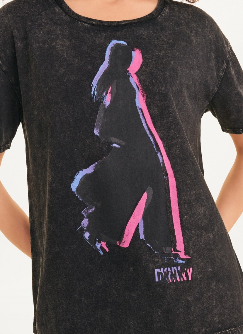 Black Dkny Short Sleeve Walking Girl Women's T Shirts | C6769252