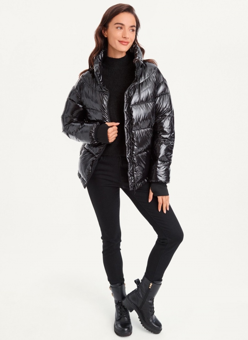 Black Dkny Short Wet Women's Puffer Jacket | E5423775