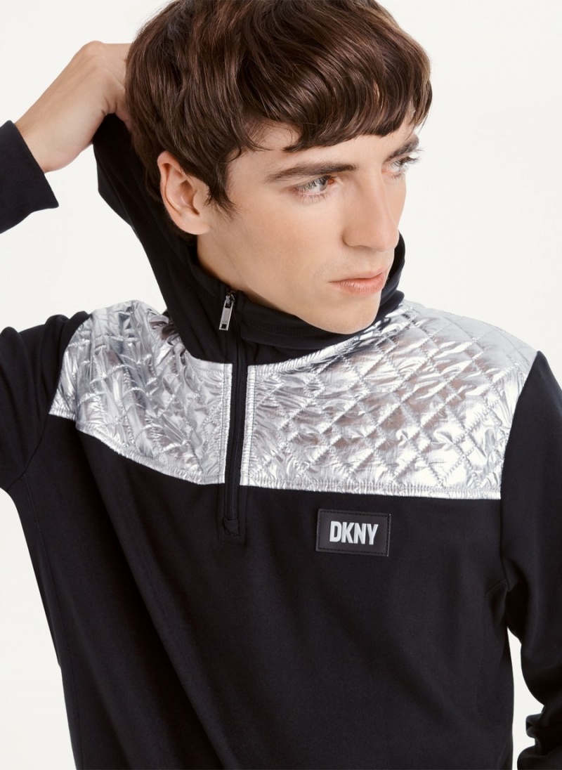 Black Dkny Silver Contrast 1/2 Zip Men's Hoodie | V7019404