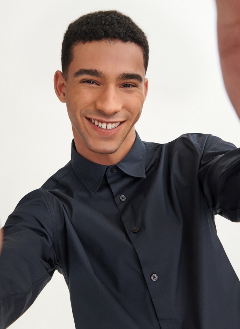 Black Dkny Solid Woven Men's Shirts | M2174876