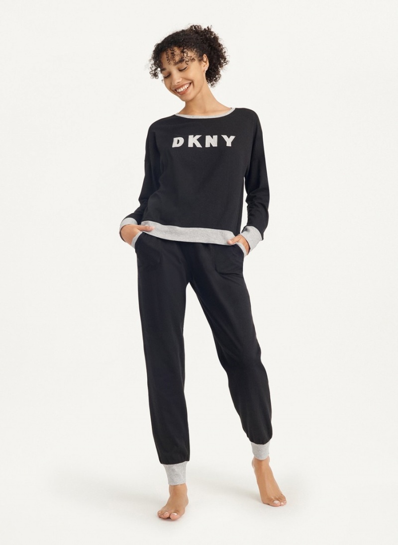 Black Dkny Top And Jogger Set Women's Pajamas | B7391868